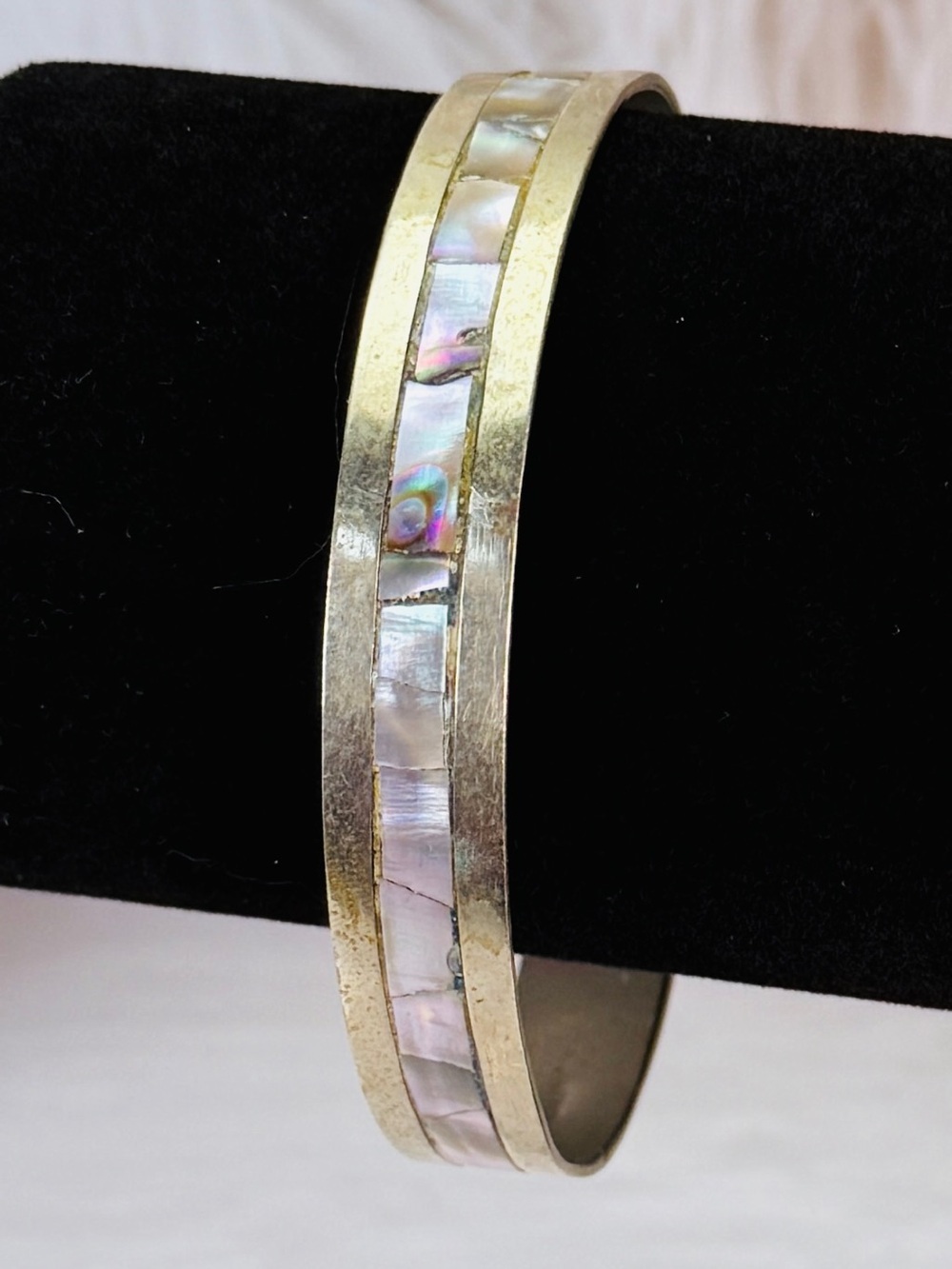 Vintage Boho Chic Oxidized Silvertone Abalone Mexico Stacking Bangle Bracelet